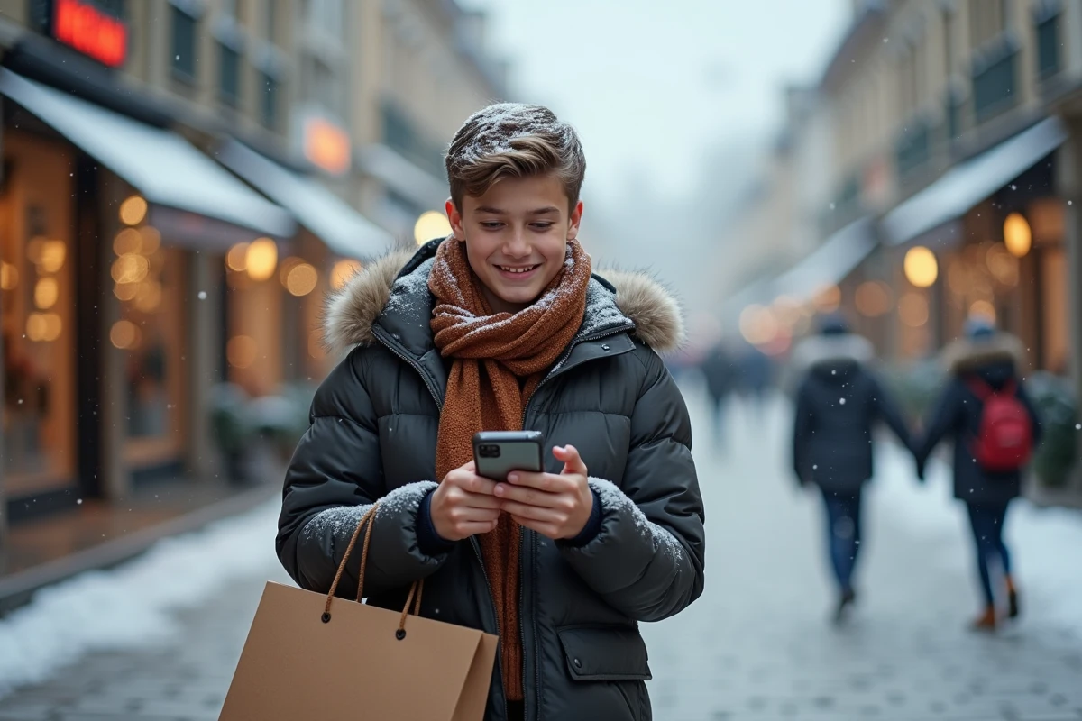 Adolescent dans la rue enneigée avec sacs de shopping