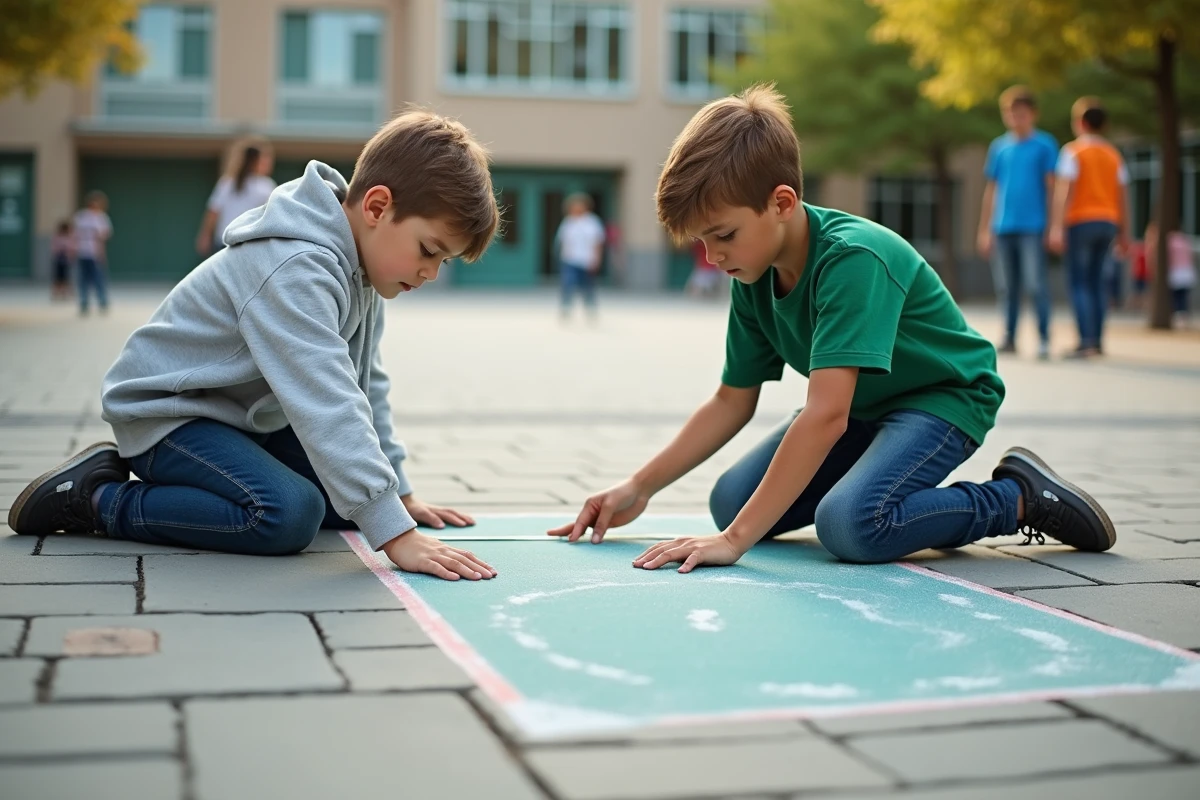 Deux garçons dessinent un rectangle à l