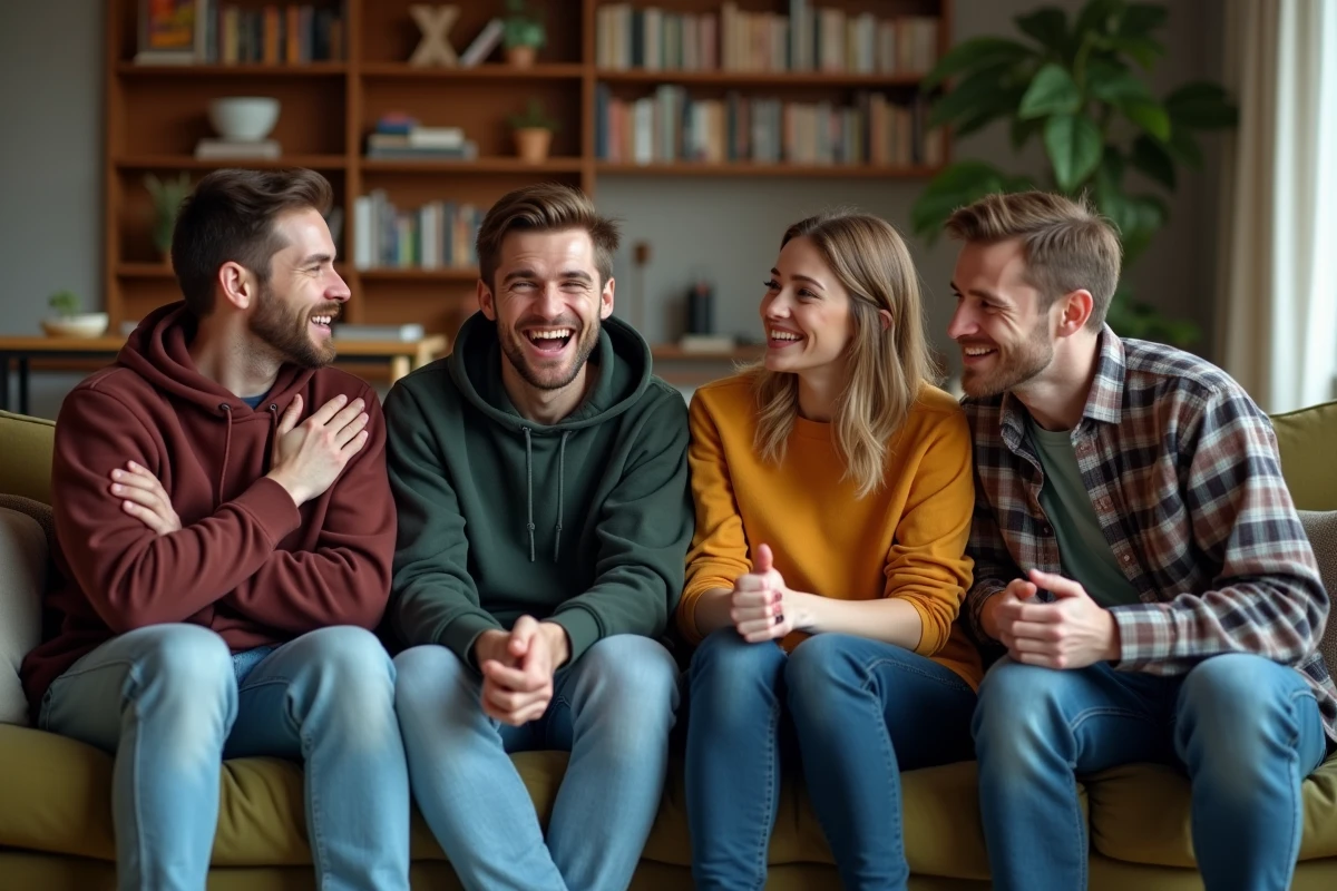 Groupe d'amis aux réactions contrastées face à une blague d'humour noir dans un salon convivial