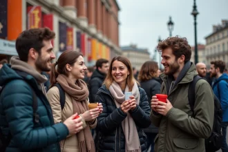 Groupe de jeunes et adultes devant Halle Tony Garnier à Lyon