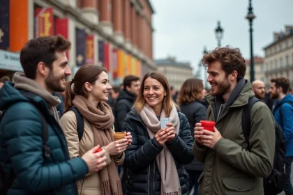 Groupe de jeunes et adultes devant Halle Tony Garnier à Lyon