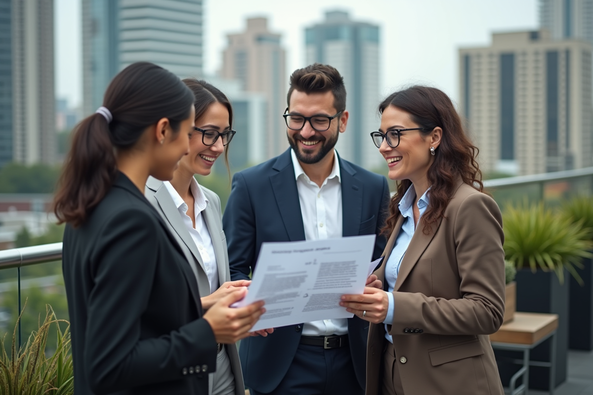 Groupe diversifié discutant sur un rooftop en ville