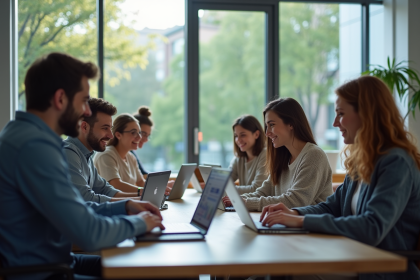 Groupe d'étudiants universitaires collaborant avec table numérique