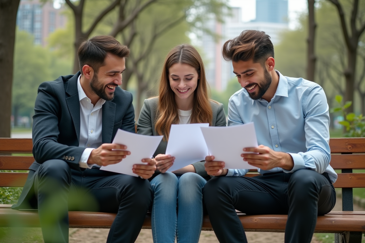 Groupe de jeunes discutant d investissements en parc urbain