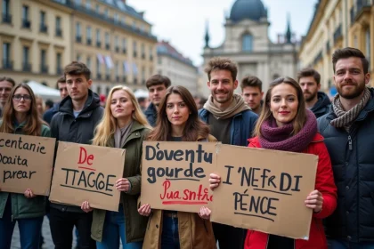 Groupe de jeunes avec pancartes anti dans une place européenne