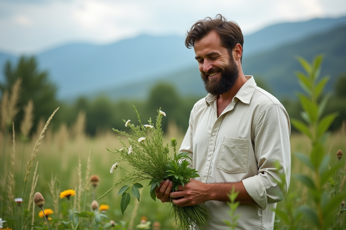 Homme cueillant des herbes dans un jardin luxuriant