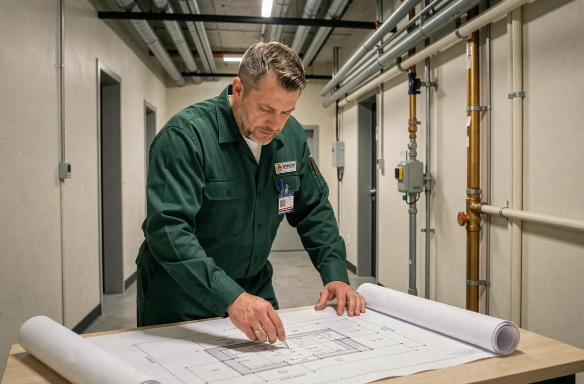 Expert en plomberie de H.GE examinant des plans d'installation dans un bâtiment commercial à Dijon