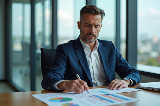 Homme d'affaires en costume bleu analysant des graphiques financiers