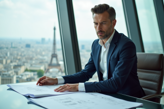 Homme d'affaires en costume regardant des plans à Paris