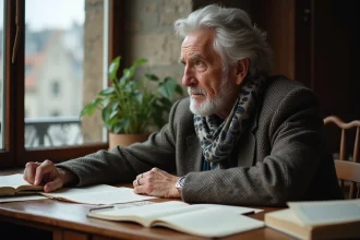 Homme âgé assis à un bureau avec livres et notes