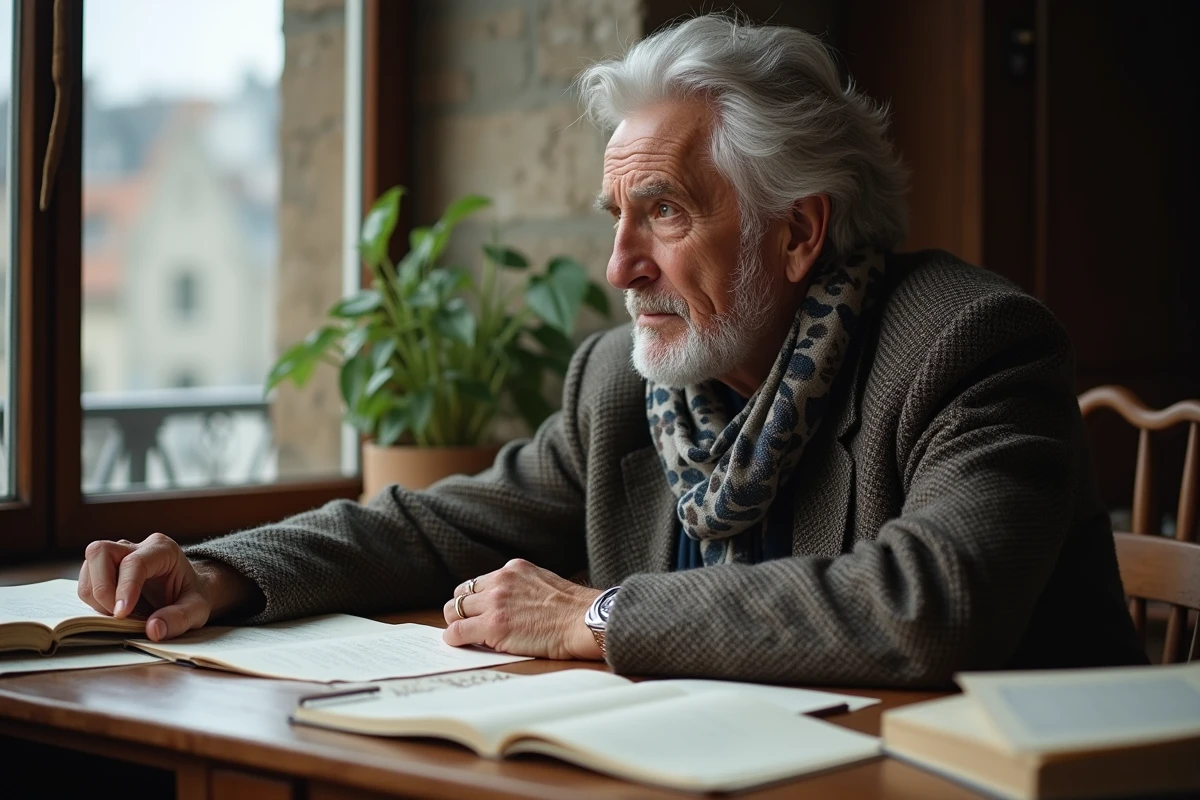 Homme âgé assis à un bureau avec livres et notes