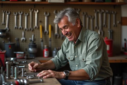 Homme hilare dans un atelier mécanique entouré d'écrous et d'outils, illustrant l'humour mécanique du scénario