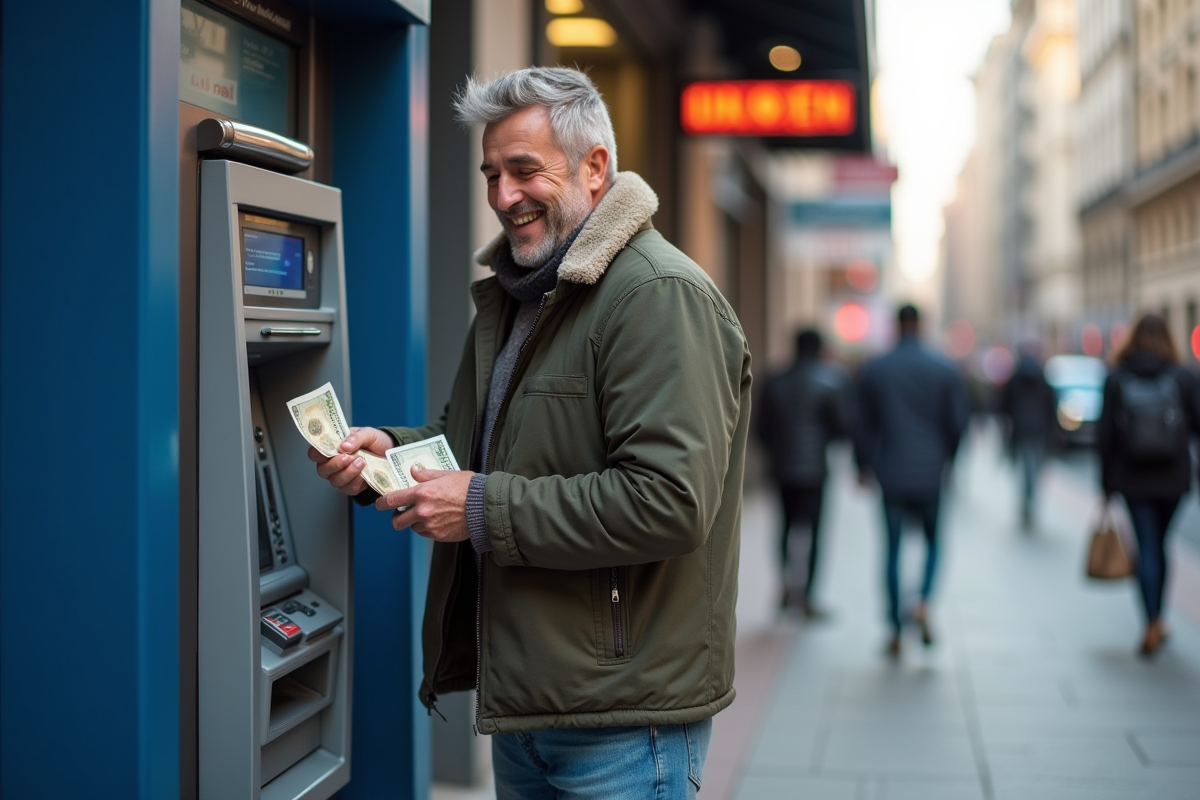 Homme sortant d un distributeur automatique avec de l argent