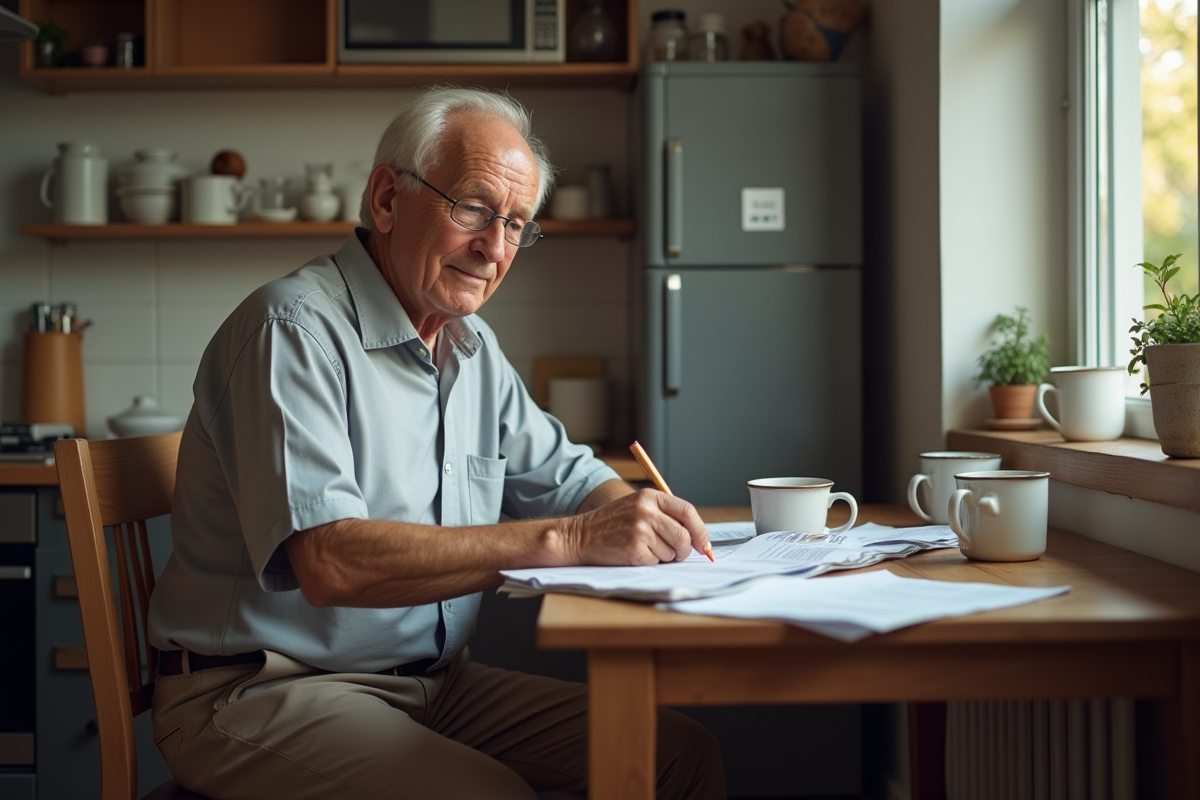 Homme d age trie factures dans sa cuisine avec concentration