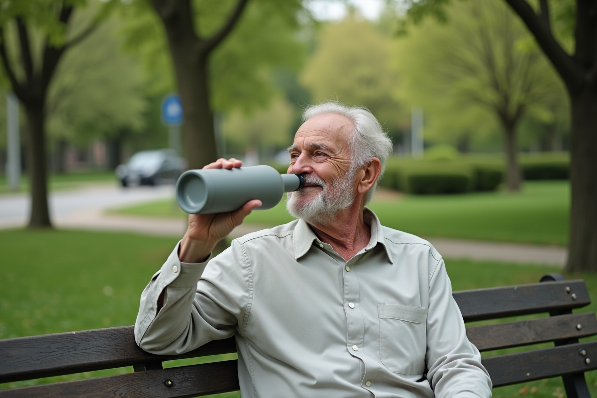 Homme âgé buvant dans une bouteille en plein parc