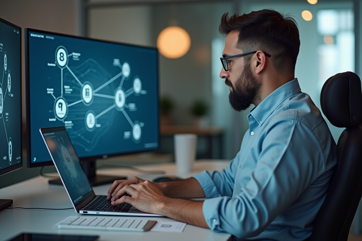 Homme d affaires travaillant sur un diagramme blockchain au bureau