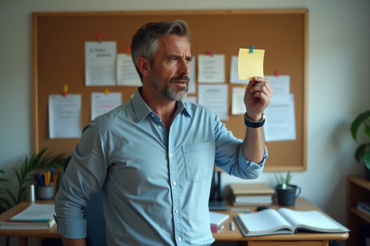 Homme au bureau à domicile avec une expression perplexe devant une note humoristique à l'humour douteux