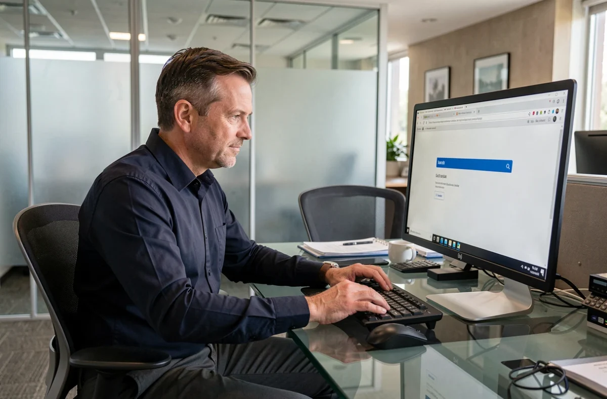 Homme utilisant un ordinateur de bureau pour retrouver le site Wikio.com en 2026 dans un bureau moderne