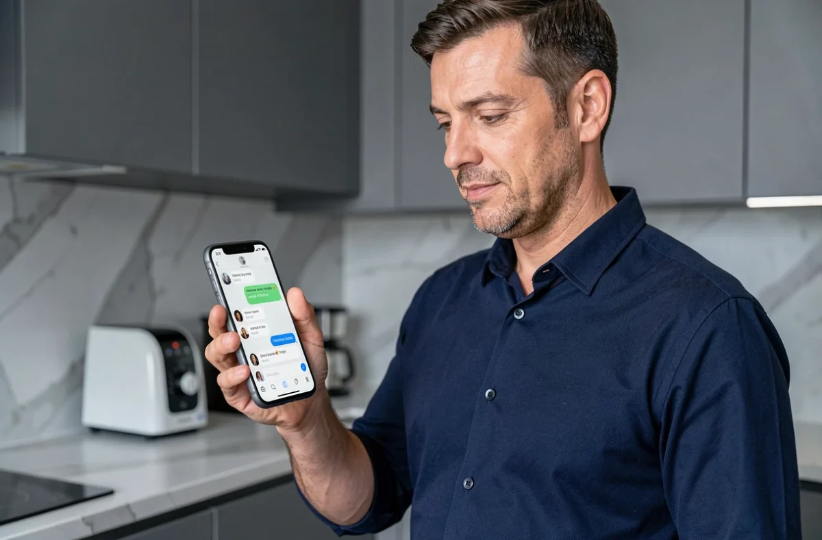 Homme utilisant le chat en ligne comme alternative au mail du service client Darty sur son smartphone