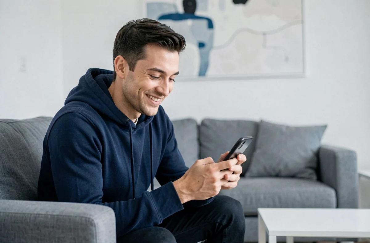 Homme souriant trouvant un code promo Amazon sur son smartphone dans un salon moderne