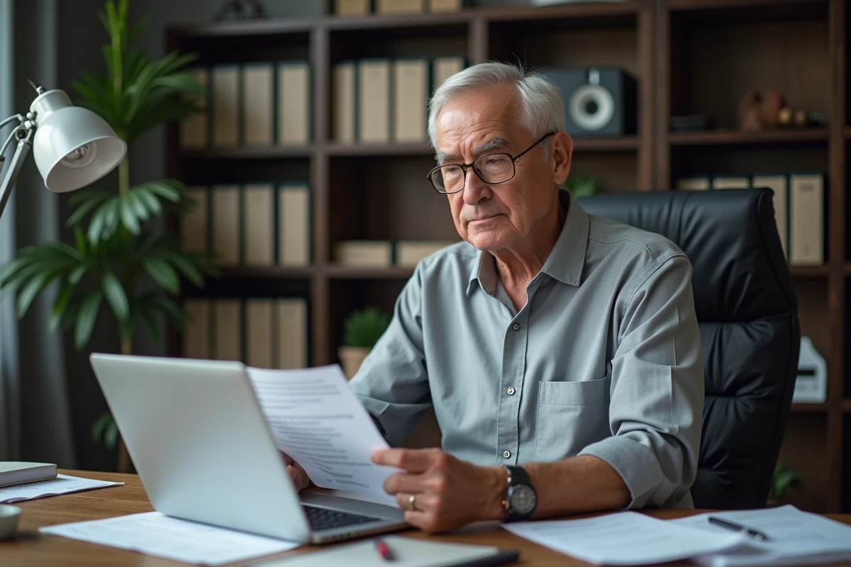 Homme consultant un modèle d'attestation d'hébergement PDF sur ordinateur portable dans un bureau à domicile