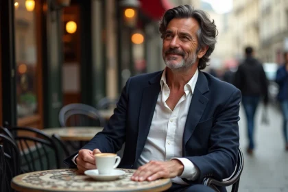Homme élégant assis en terrasse parisienne, style bohème chic, évoquant l'univers de Thomas Dutronc