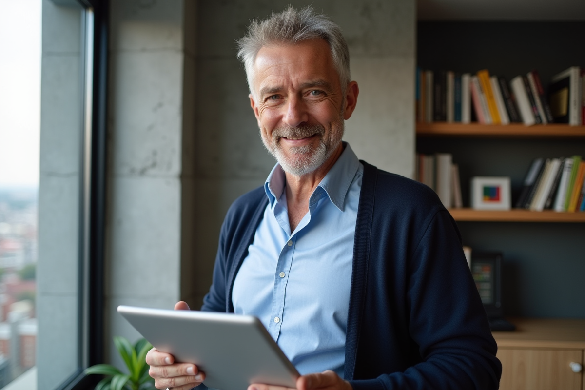 Homme entrepreneur consulte un tableau de prix sur tablette