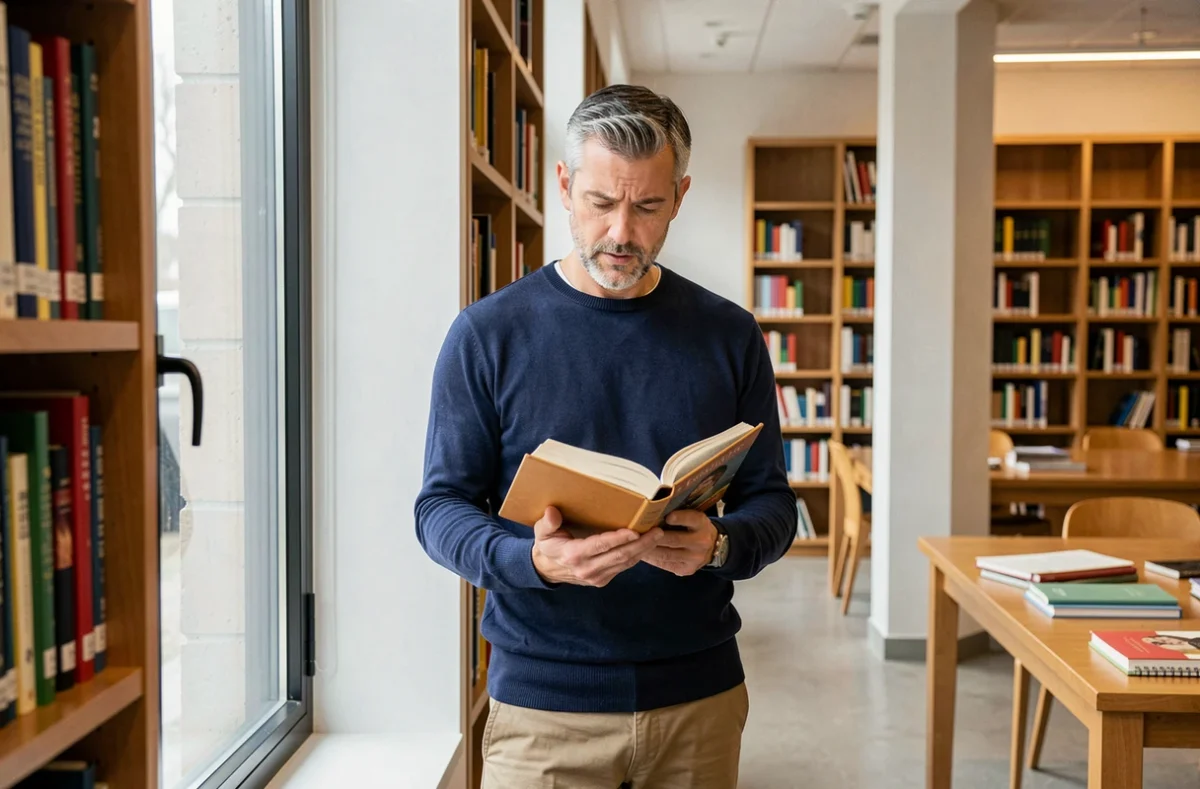 Homme concentré qui lit un livre de grammaire française dans une bibliothèque moderne - conjugaison du verbe attendre