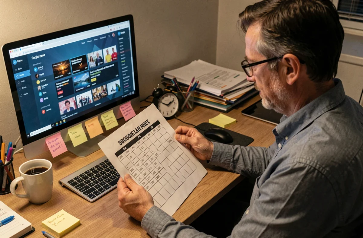 Homme analysant une grille de programmation TV avec colonnes AM et PM sur un bureau à domicile
