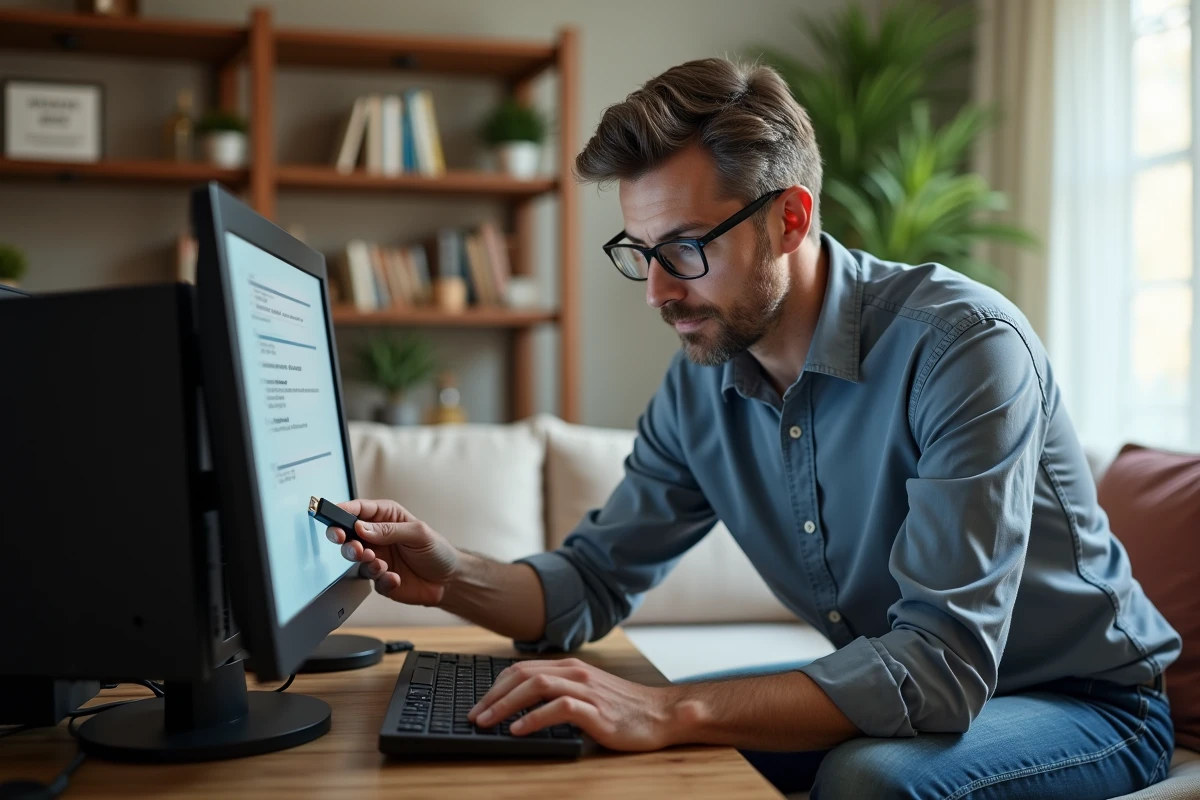 Homme insérant une clé USB dans un ordinateur à la maison