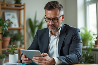 Homme d'âge moyen étudie un tableau digital sur l'écologie
