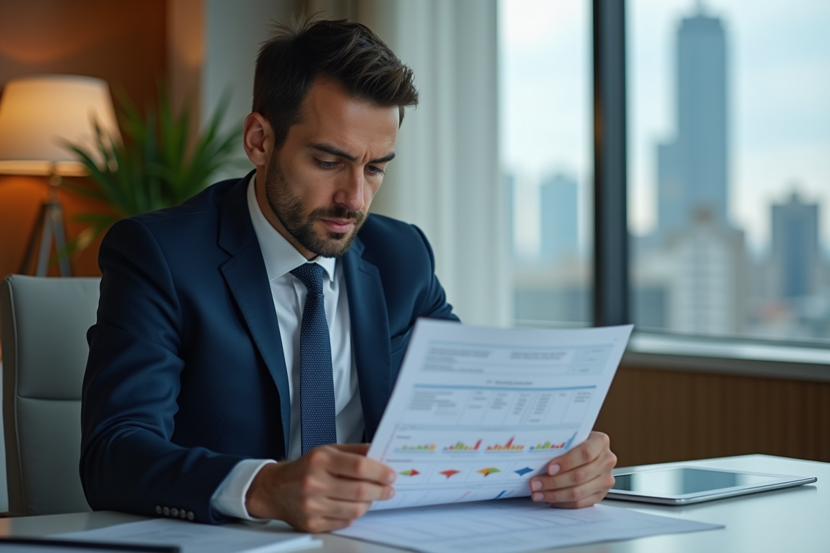 Homme d'affaires en costume bleu étudiant un portefeuille SCPI