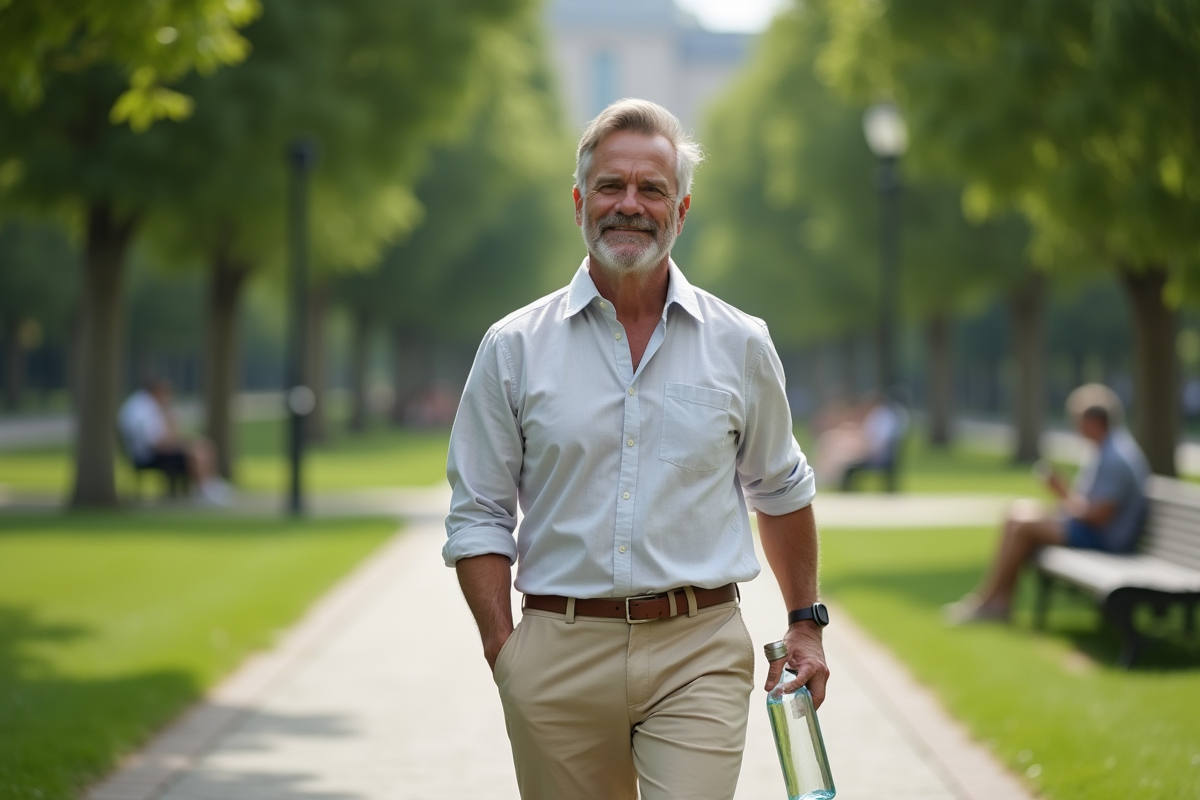 Homme détendu marchant dans un parc urbain