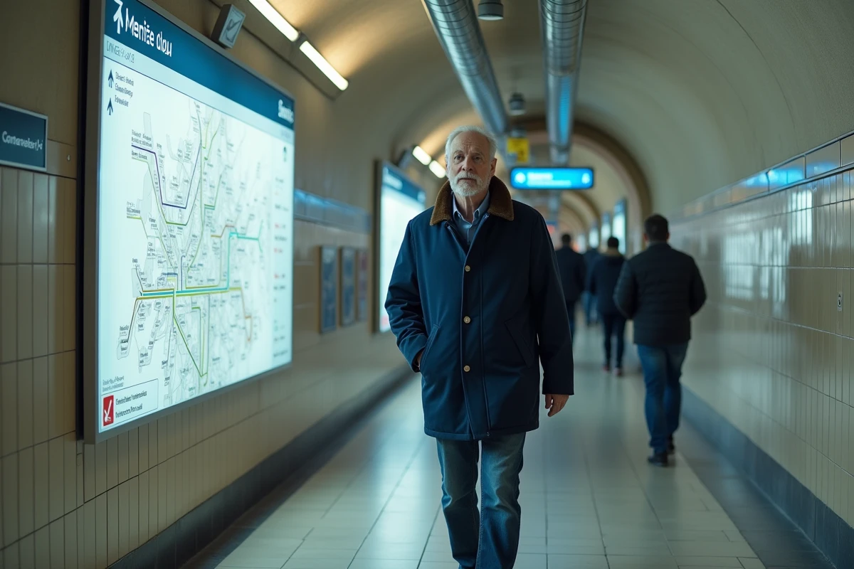 Homme lisant le plan du métro de Lyon dans un couloir de station souterraine TCL