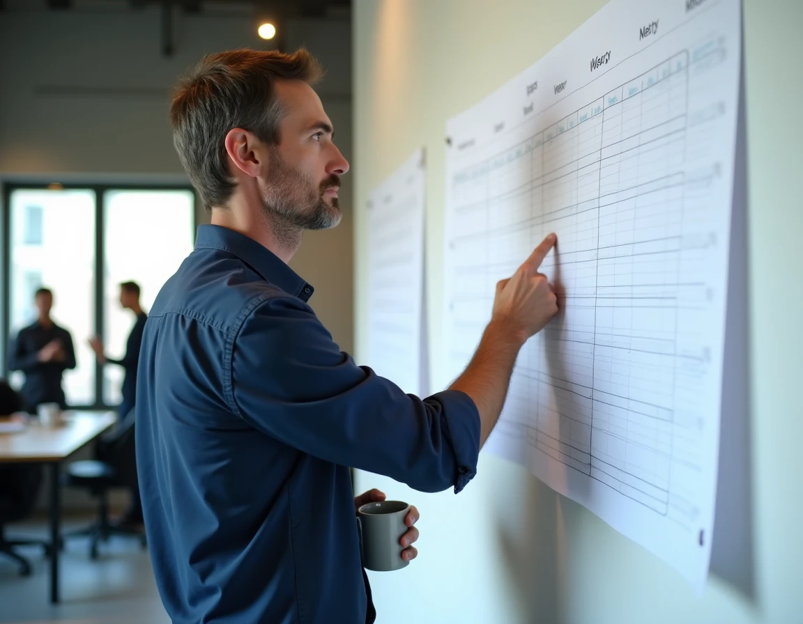 Homme pointant les semaines d'un planning annuel mural dans un bureau moderne en open space
