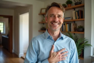 Homme souriant avec geste respectueux dans un salon chaleureux