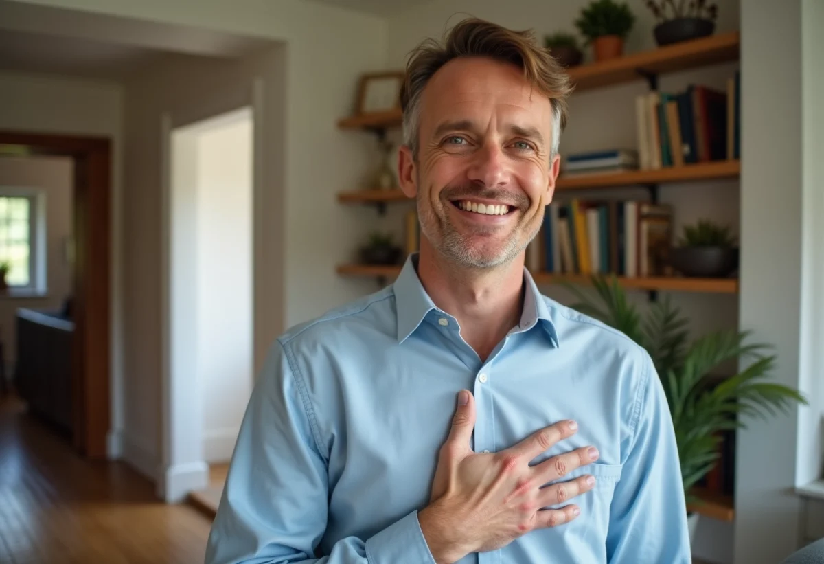 Homme souriant avec geste respectueux dans un salon chaleureux