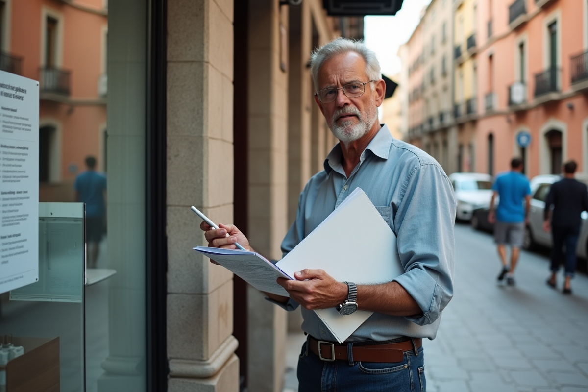 Homme regardant une affiche de taxes immobilières dans une rue espagnole