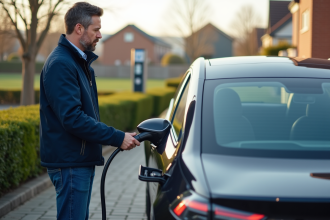Homme près d'une voiture hybride en station de recharge résidentielle