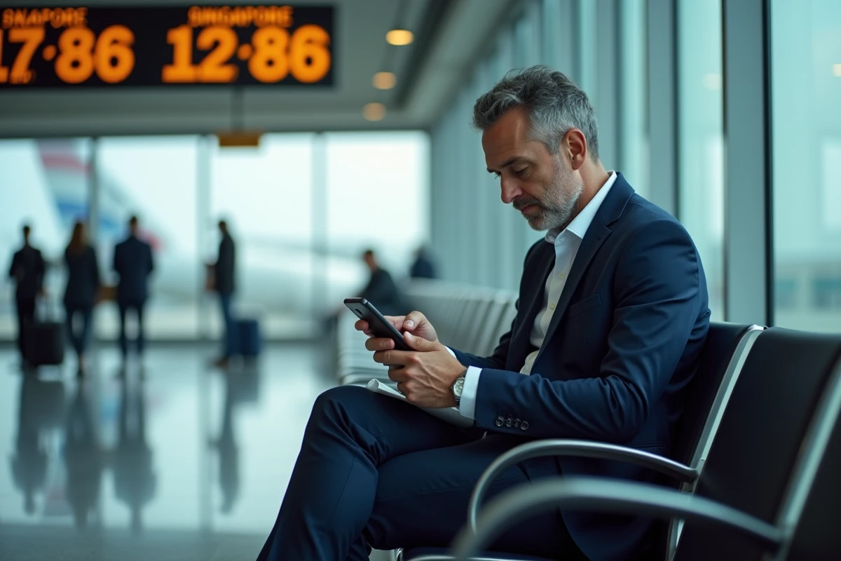 Homme d'âge moyen dans un aéroport européen regardant son smartphone