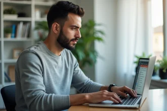 Homme en pull gris utilisant un VPN sur son ordinateur portable dans un bureau à domicile moderne en 2026