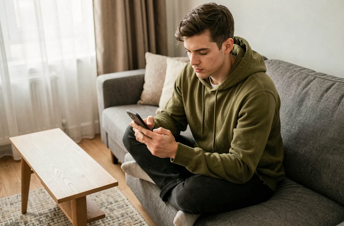 Jeune adulte recherchant le site officiel Wikio sur smartphone depuis son canapé en 2026