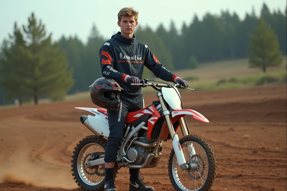 Jeune homme en motocross avec sa moto 125cc en nature