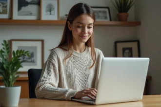 Jeune femme au bureau à la maison travaillant sur son ordinateur