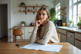Jeune femme examine un contrat de location dans un appartement lumineux
