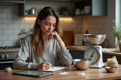 Jeune femme en cuisine mesurant des ingrédients avec une balance