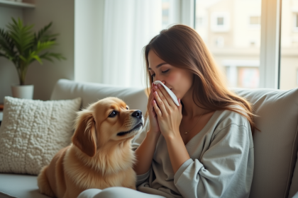 Jeune femme caressant un chien dans un salon lumineux