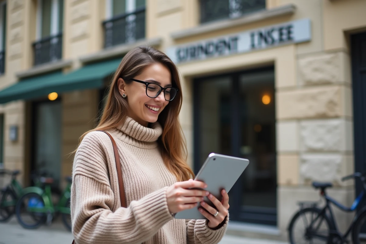 Jeune femme regardant des graphiques économiques sur tablette devant Insee