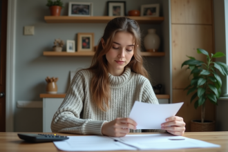 Jeune femme lisant des papiers à la maison