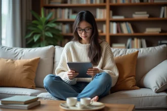 Jeune femme lisant manga sur un sofa moderne